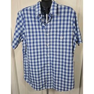 Chaps Easy Care Button-Down Short Sleeve Shirt Blue Plaid Men's XL